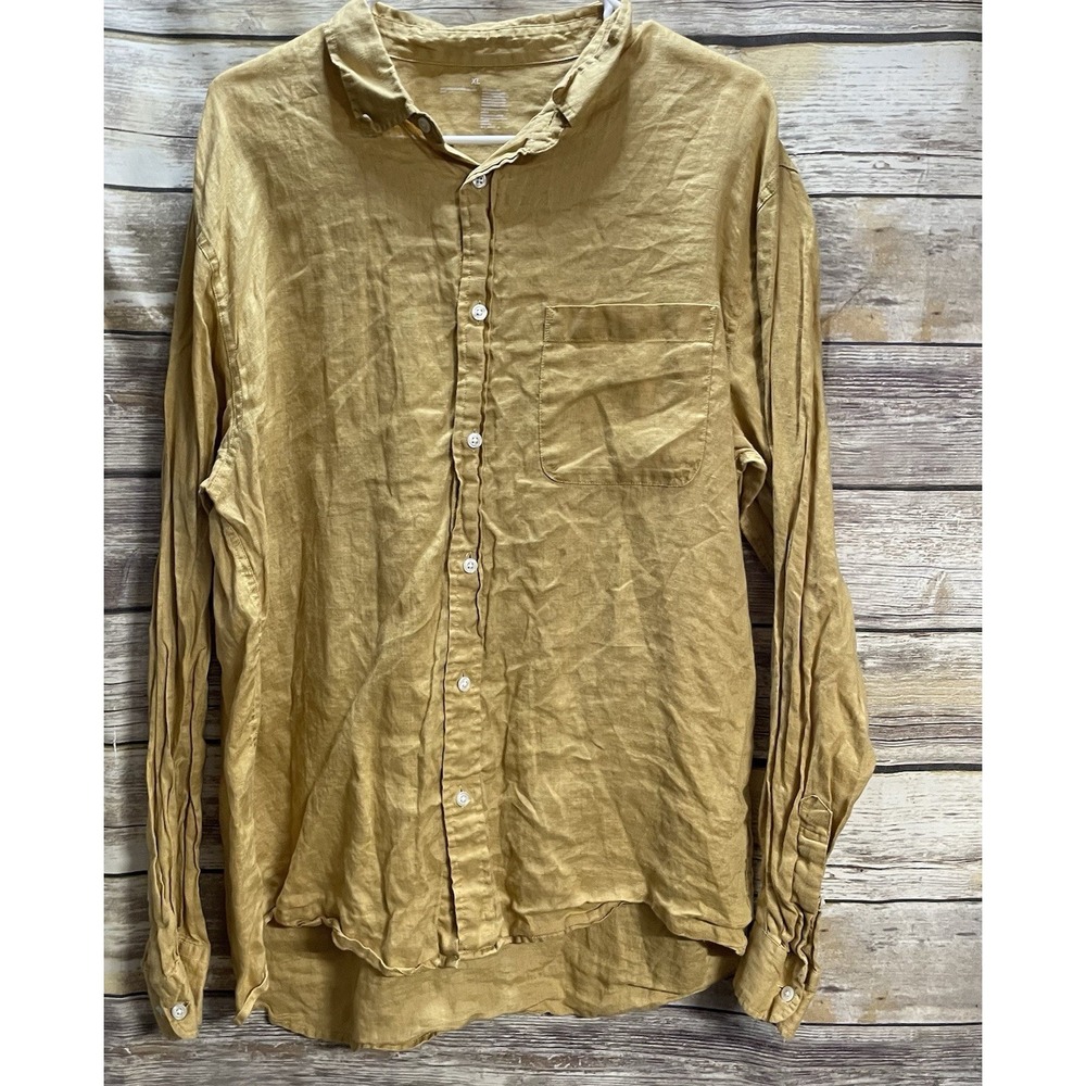 Muji Linen Shirt Men's XL Mustard Yellow Button Up Long sleeve Collared‎ Linen